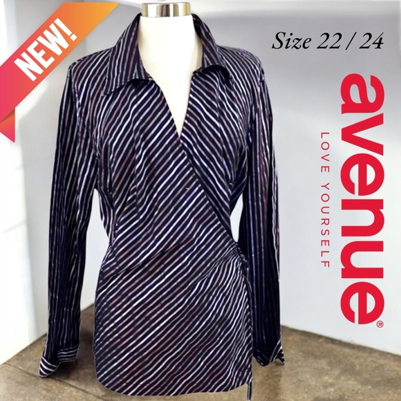 Avenue Tops - Avenue Deep Burgundy Striped Surplice Side Tie Wrap Long Sleeve Shirt
